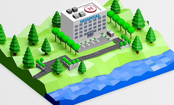 3D lowpoly hospital in a landscape with a street and some trees